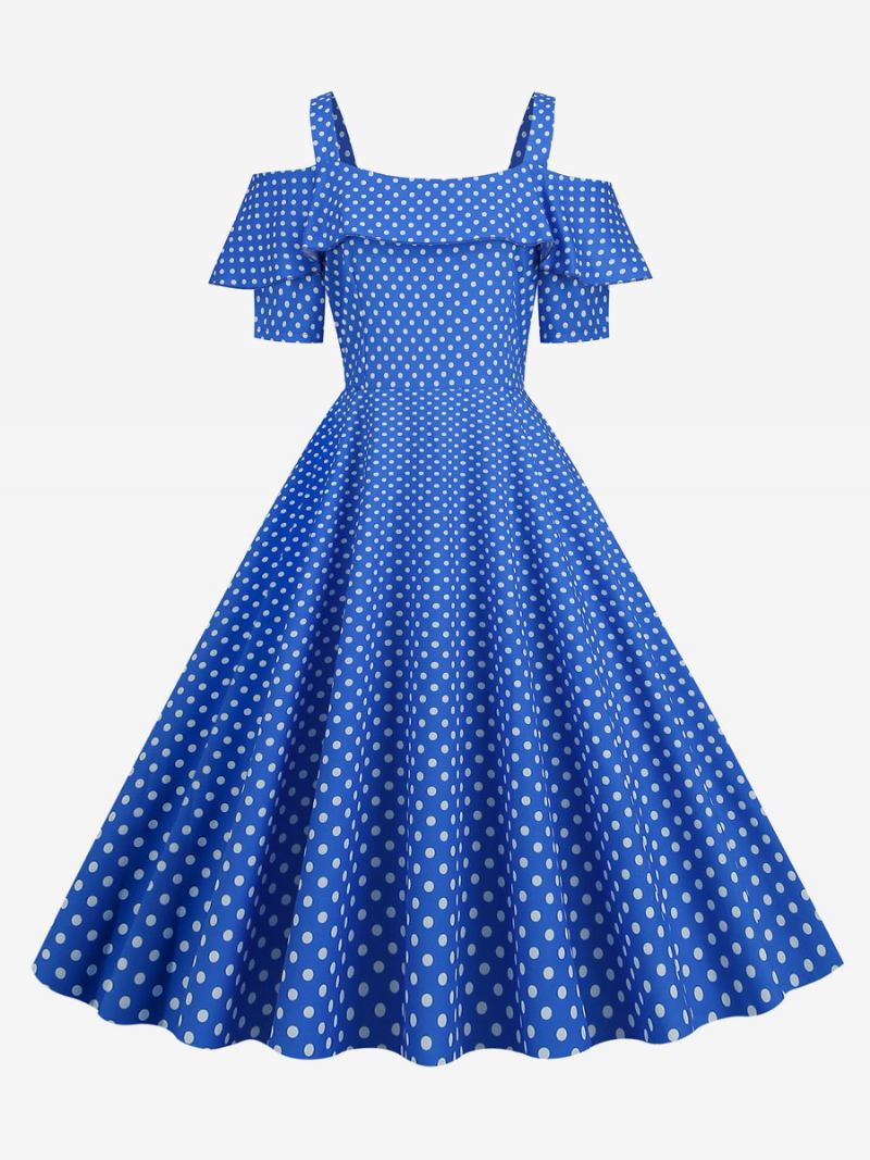 Vestido Feminino Vintage Dos Anos 1950. Decote Bateau Mangas Curtas Rockabilly Bolinhas Médias