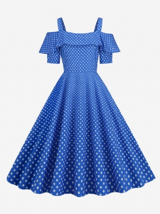 Vestido Feminino Vintage Dos Anos 1950. Decote Bateau Mangas Curtas Rockabilly Bolinhas Médias