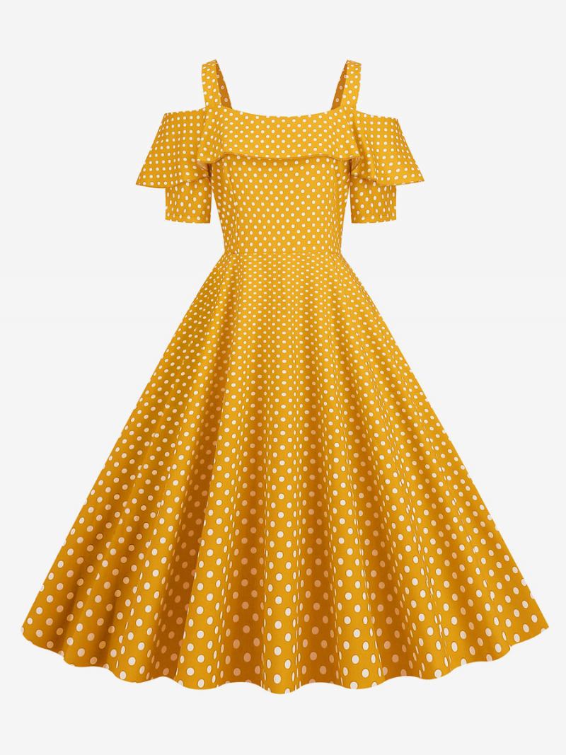 Vestido Feminino Vintage Dos Anos 1950. Decote Bateau Mangas Curtas Rockabilly Bolinhas Médias - Amarelo