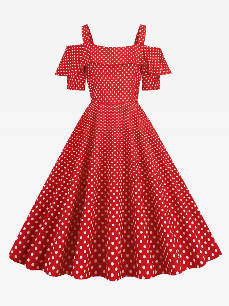 Vestido Feminino Vintage Dos Anos 1950. Decote Bateau Mangas Curtas Rockabilly Bolinhas Médias - Vermelho