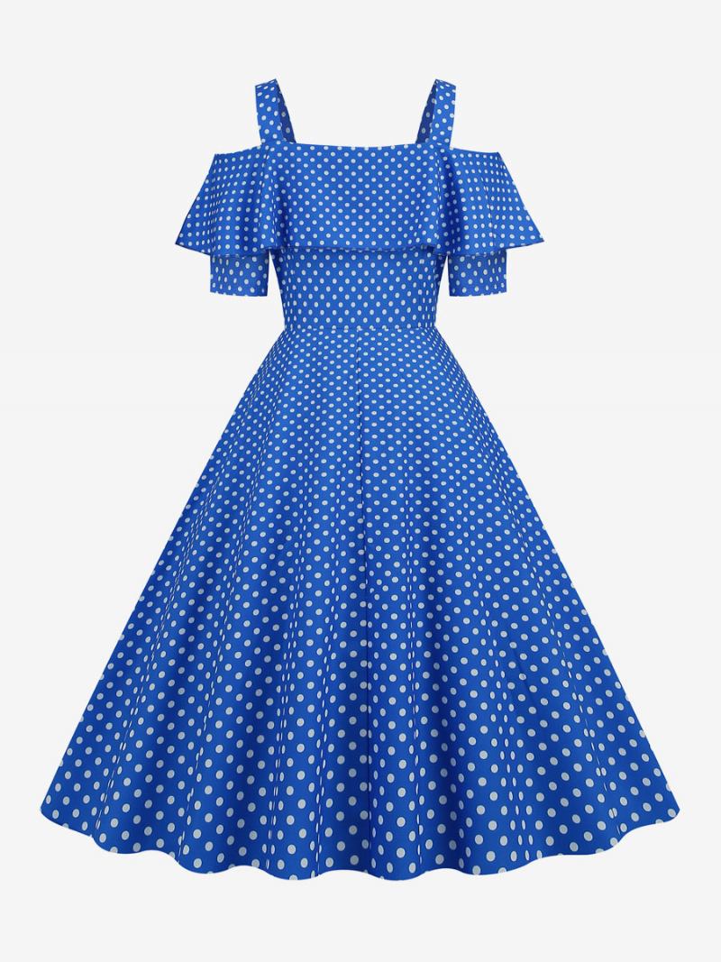 Vestido Feminino Vintage Dos Anos 1950. Decote Bateau Mangas Curtas Rockabilly Bolinhas Médias - Azul