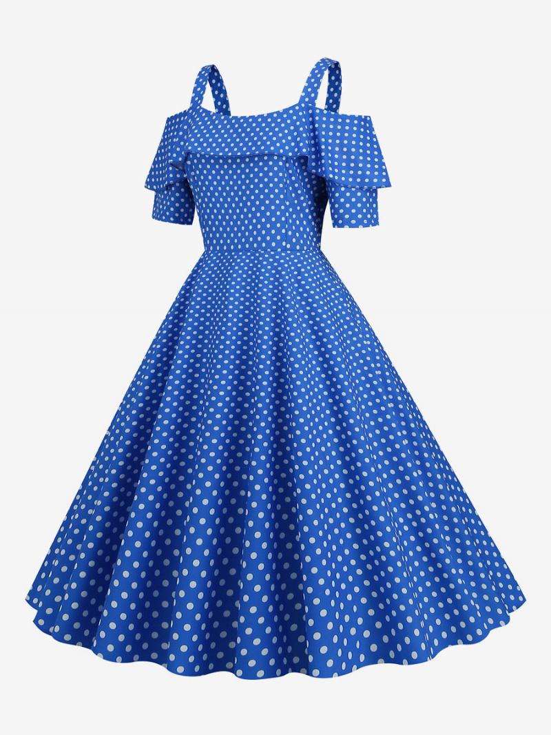 Vestido Feminino Vintage Dos Anos 1950. Decote Bateau Mangas Curtas Rockabilly Bolinhas Médias - Azul