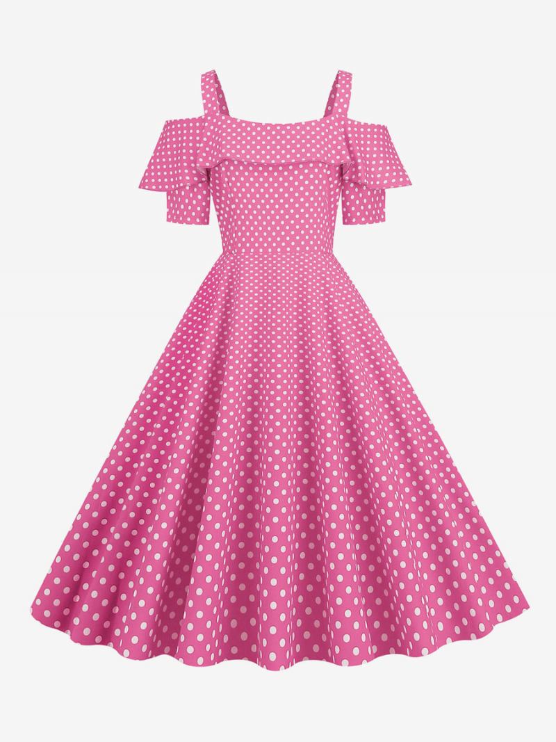 Vestido Feminino Vintage Dos Anos 1950. Decote Bateau Mangas Curtas Rockabilly Bolinhas Médias - Rosa