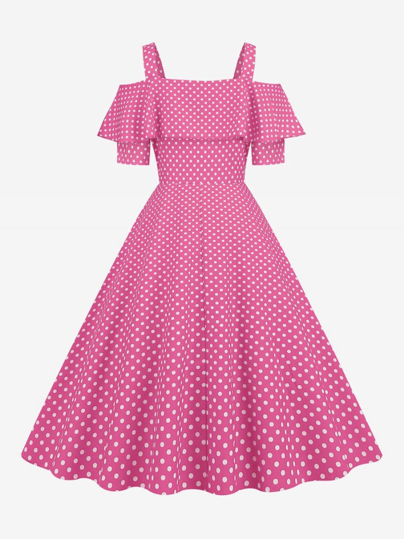 Vestido Feminino Vintage Dos Anos 1950. Decote Bateau Mangas Curtas Rockabilly Bolinhas Médias - Rosa