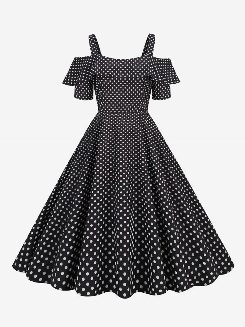 Vestido Feminino Vintage Dos Anos 1950. Decote Bateau Mangas Curtas Rockabilly Bolinhas Médias - Preto