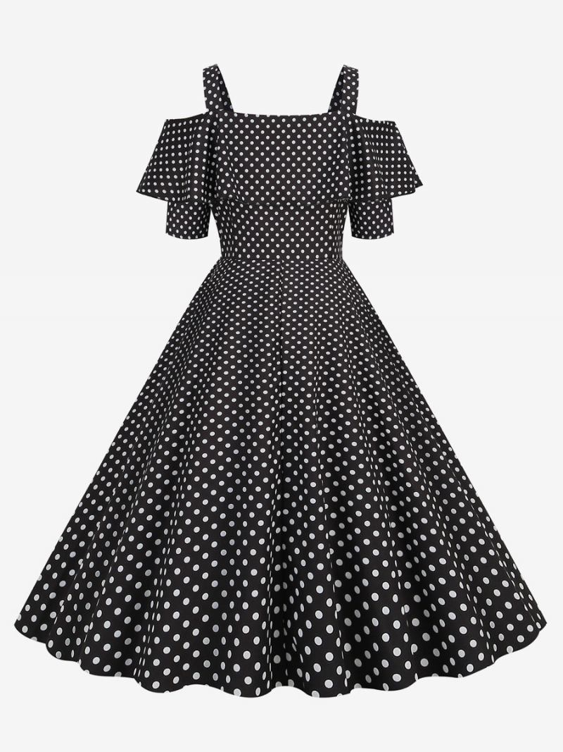 Vestido Feminino Vintage Dos Anos 1950. Decote Bateau Mangas Curtas Rockabilly Bolinhas Médias - Preto