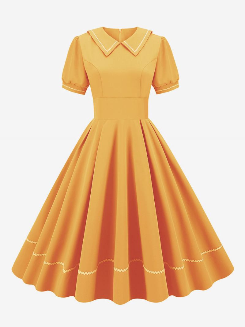 Vestido Feminino Vintage Dos Anos 1950. Estilo Audrey Hepburn Amarelo Mangas Curtas Gola Aberta Médio Swing