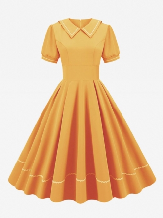 Vestido Feminino Vintage Dos Anos 1950. Estilo Audrey Hepburn Amarelo Mangas Curtas Gola Aberta Médio Swing