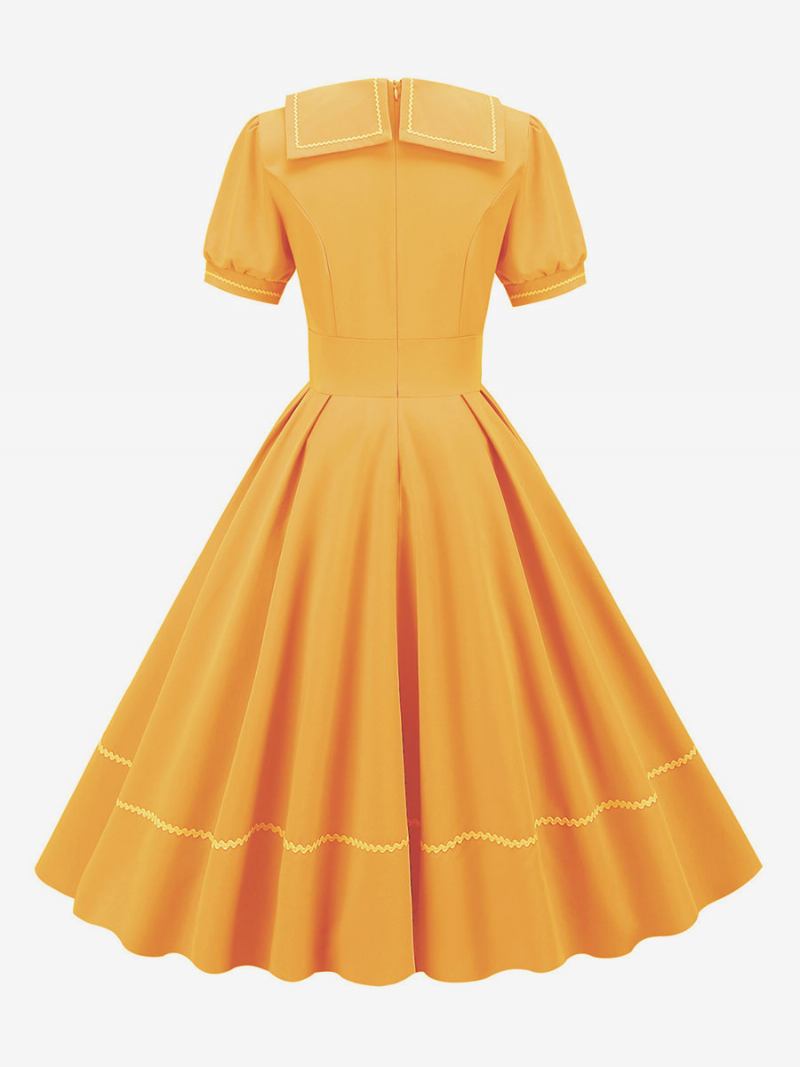 Vestido Feminino Vintage Dos Anos 1950. Estilo Audrey Hepburn Amarelo Mangas Curtas Gola Aberta Médio Swing - Amarelo 