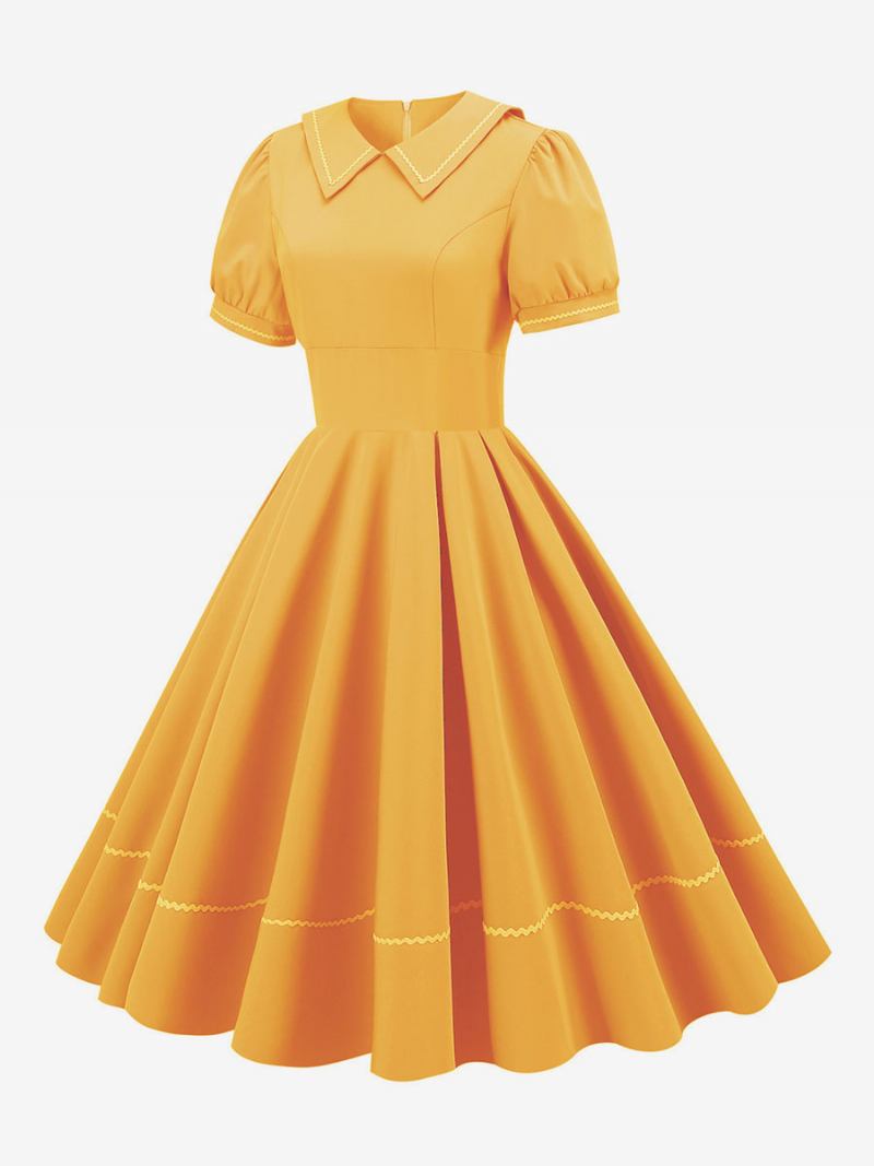 Vestido Feminino Vintage Dos Anos 1950. Estilo Audrey Hepburn Amarelo Mangas Curtas Gola Aberta Médio Swing - Amarelo 