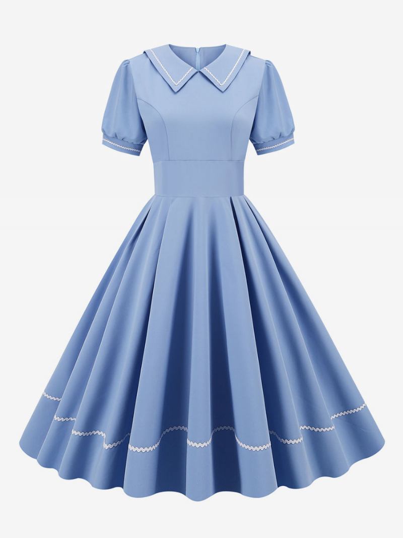 Vestido Feminino Vintage Dos Anos 1950. Estilo Audrey Hepburn Amarelo Mangas Curtas Gola Aberta Médio Swing -  Azul Céu Claro