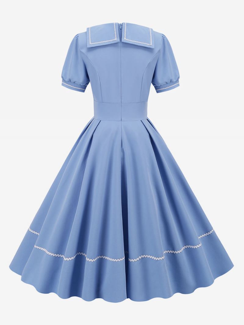 Vestido Feminino Vintage Dos Anos 1950. Estilo Audrey Hepburn Amarelo Mangas Curtas Gola Aberta Médio Swing -  Azul Céu Claro