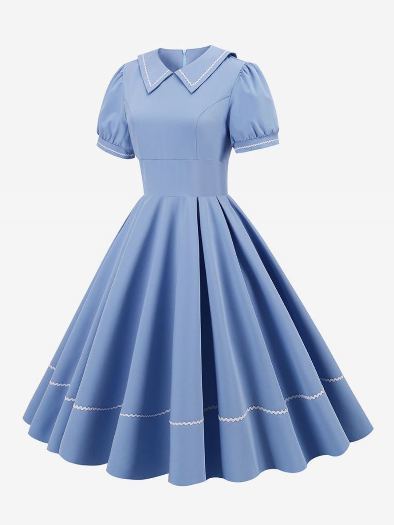 Vestido Feminino Vintage Dos Anos 1950. Estilo Audrey Hepburn Amarelo Mangas Curtas Gola Aberta Médio Swing -  Azul Céu Claro