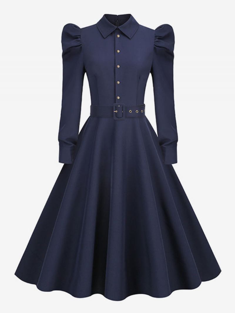 Vestido Feminino Vintage Dos Anos 1950. Estilo Audrey Hepburn Azul Marinho Escuro Mangas Compridas Gola Aberta Rockabilly