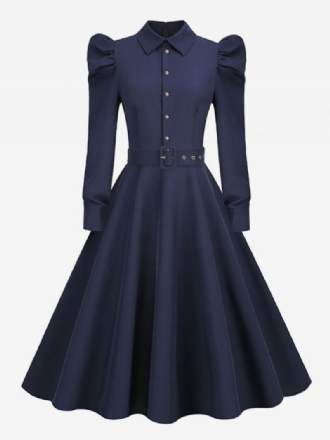 Vestido Feminino Vintage Dos Anos 1950. Estilo Audrey Hepburn Azul Marinho Escuro Mangas Compridas Gola Aberta Rockabilly