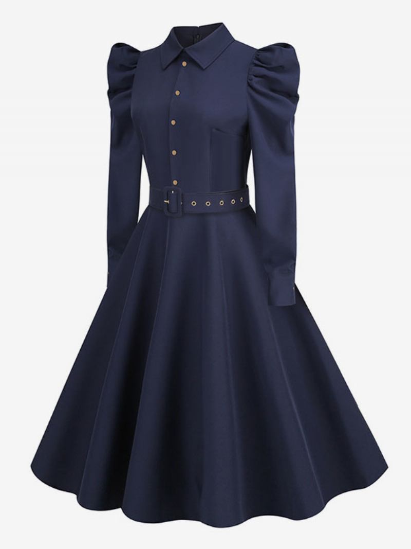 Vestido Feminino Vintage Dos Anos 1950. Estilo Audrey Hepburn Azul Marinho Escuro Mangas Compridas Gola Aberta Rockabilly - Azul Marinho