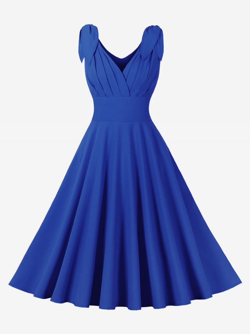 Vestido Feminino Vintage Dos Anos 1950. Estilo Audrey Hepburn Azul Sem Mangas Decote Em V Swing