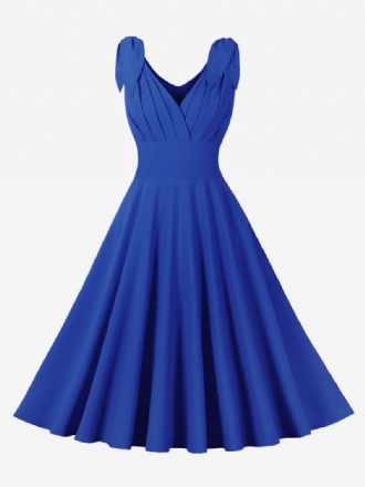 Vestido Feminino Vintage Dos Anos 1950. Estilo Audrey Hepburn Azul Sem Mangas Decote Em V Swing