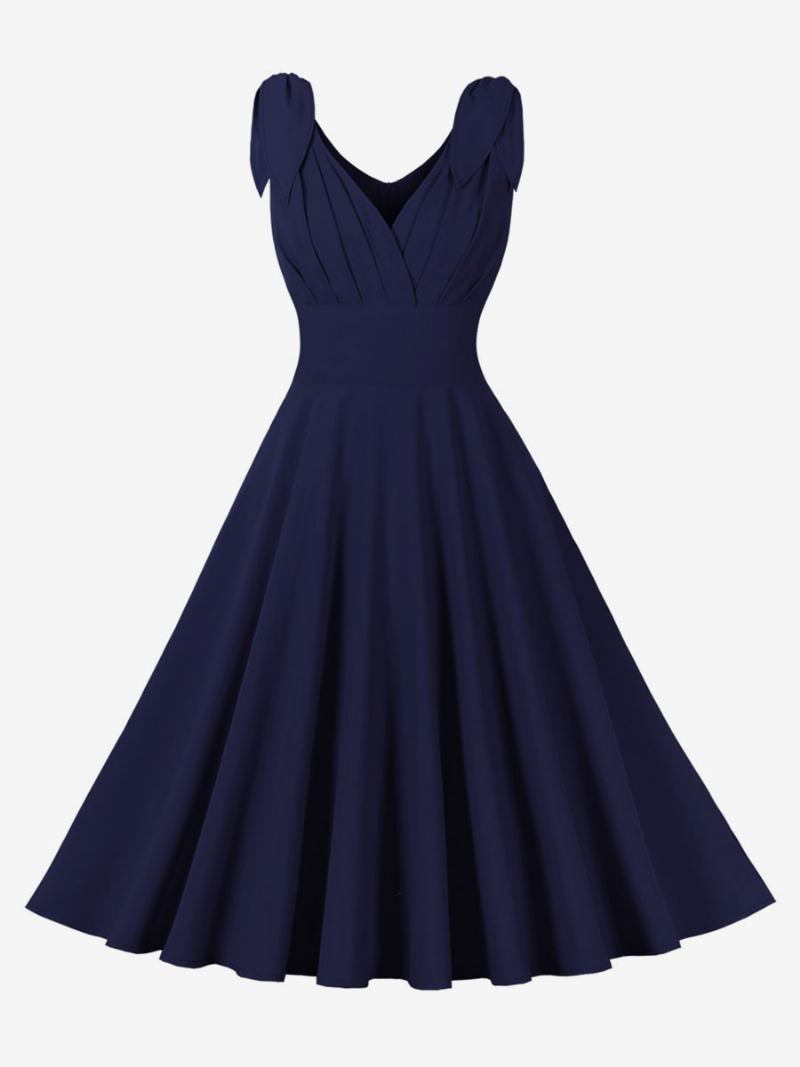 Vestido Feminino Vintage Dos Anos 1950. Estilo Audrey Hepburn Azul Sem Mangas Decote Em V Swing - Marinho Escuro 