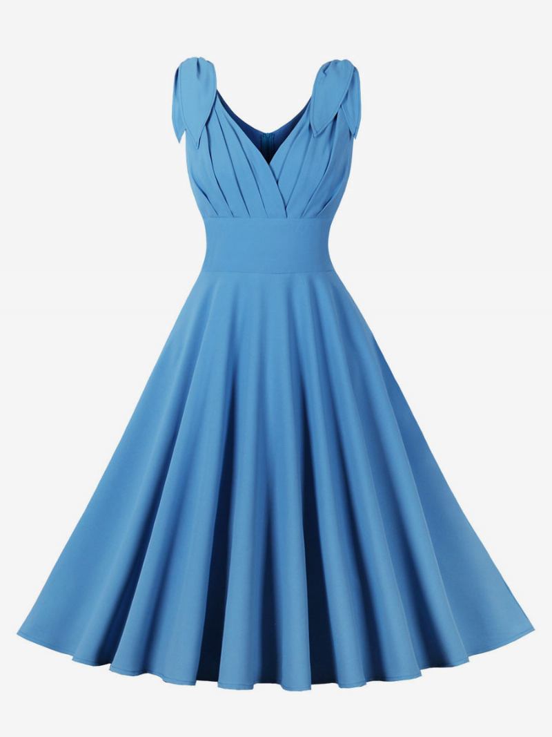 Vestido Feminino Vintage Dos Anos 1950. Estilo Audrey Hepburn Azul Sem Mangas Decote Em V Swing -  Azul Céu Claro