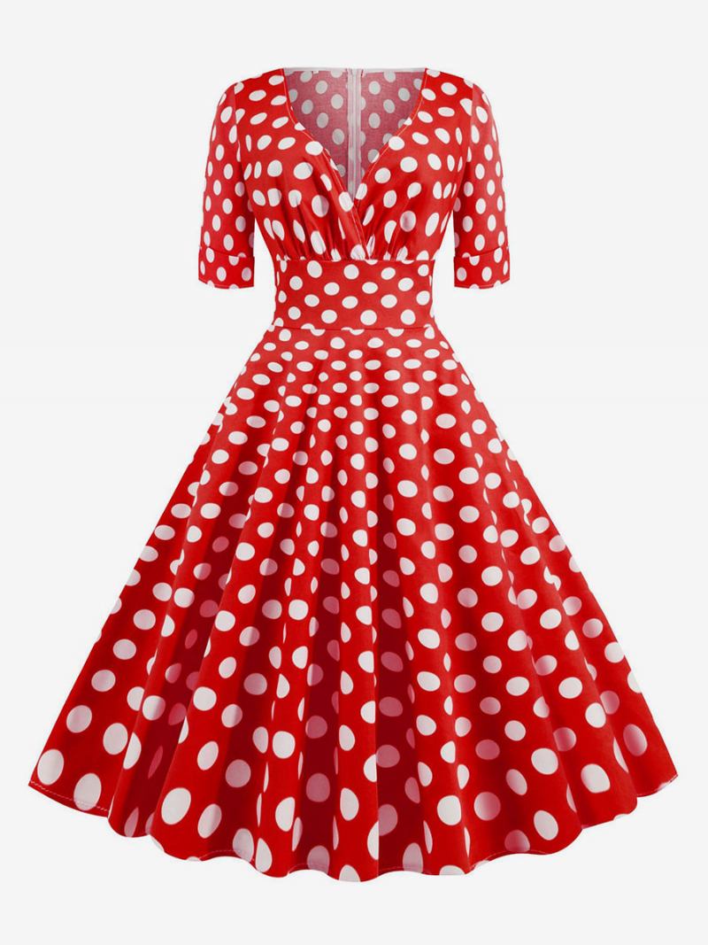 Vestido Feminino Vintage Dos Anos 1950. Estilo Audrey Hepburn Bolinhas Vermelhas Manga Curta Decote Em V Swing