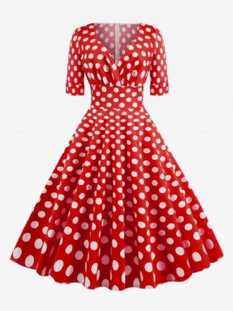 Vestido Feminino Vintage Dos Anos 1950. Estilo Audrey Hepburn Bolinhas Vermelhas Manga Curta Decote Em V Swing