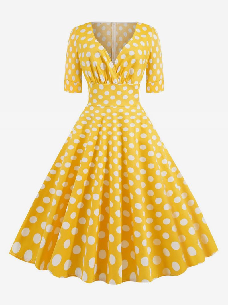 Vestido Feminino Vintage Dos Anos 1950. Estilo Audrey Hepburn Bolinhas Vermelhas Manga Curta Decote Em V Swing - Amarelo