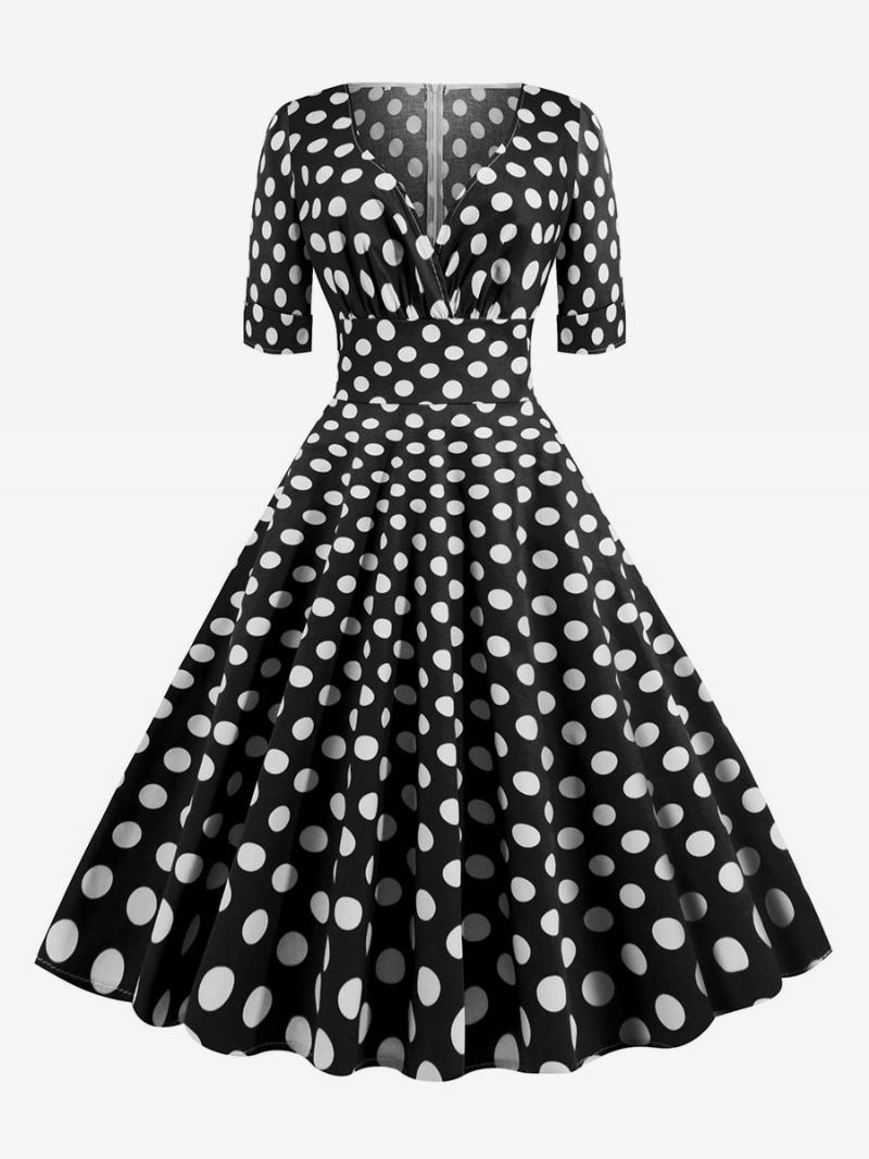 Vestido Feminino Vintage Dos Anos 1950. Estilo Audrey Hepburn Bolinhas Vermelhas Manga Curta Decote Em V Swing - Preto