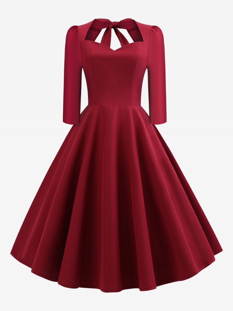 Vestido Feminino Vintage Dos Anos 1950. Estilo Audrey Hepburn Decote Em Coração Costas Nuas Mangas 3/4. Rockabilly