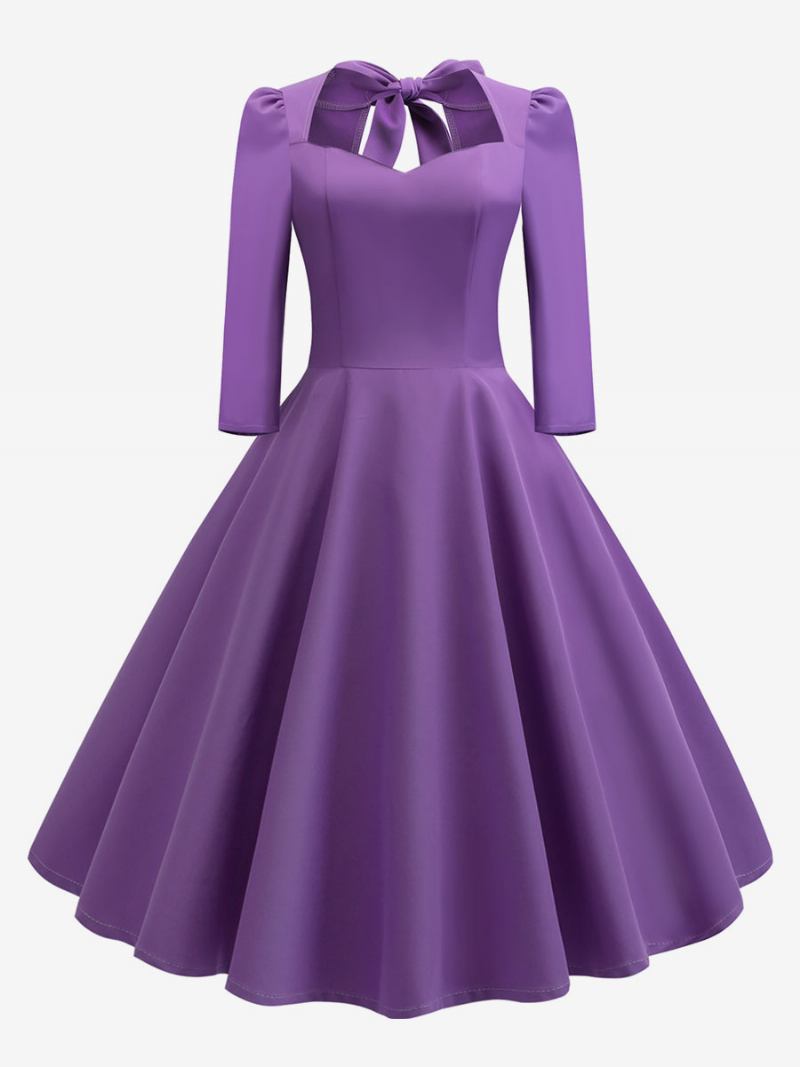 Vestido Feminino Vintage Dos Anos 1950. Estilo Audrey Hepburn Decote Em Coração Costas Nuas Mangas 3/4. Rockabilly - Roxo