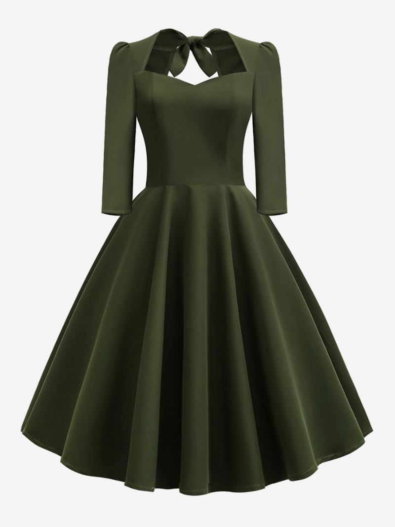 Vestido Feminino Vintage Dos Anos 1950. Estilo Audrey Hepburn Decote Em Coração Costas Nuas Mangas 3/4. Rockabilly - Verde Hunter