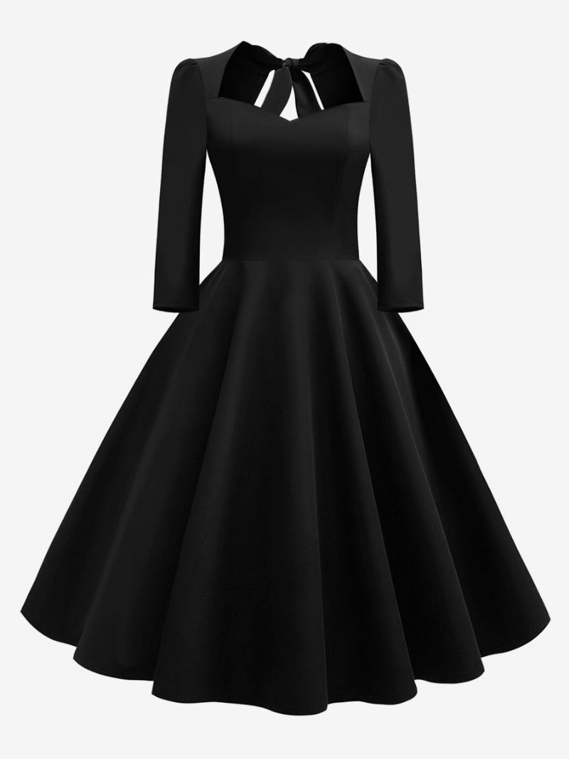 Vestido Feminino Vintage Dos Anos 1950. Estilo Audrey Hepburn Decote Em Coração Costas Nuas Mangas 3/4. Rockabilly - Preto