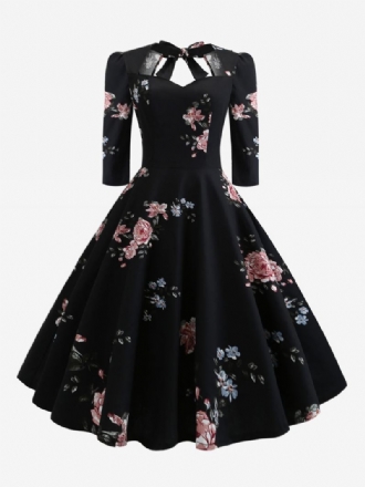 Vestido Feminino Vintage Dos Anos 1950. Estilo Audrey Hepburn Decote Em Coração Renda Camadas Mangas 3/4. Estampa Floral Média Rockabilly