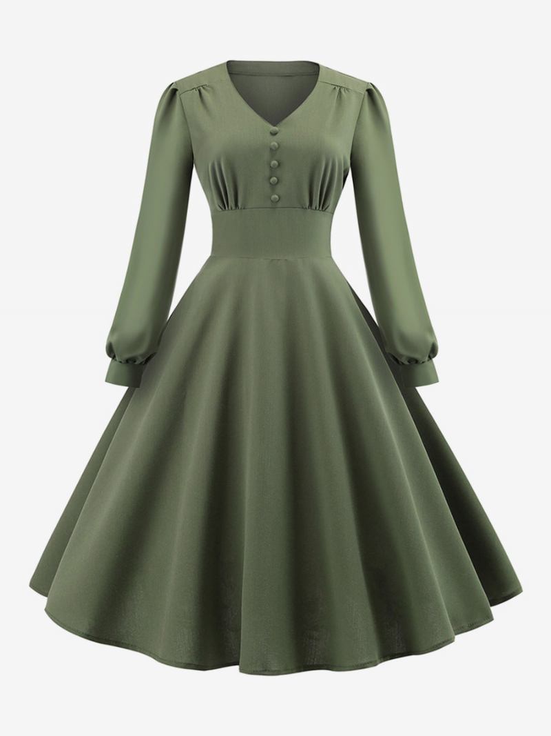 Vestido Feminino Vintage Dos Anos 1950. Estilo Audrey Hepburn Decote Em V Mangas Compridas Camadas Médio Swing