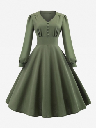 Vestido Feminino Vintage Dos Anos 1950. Estilo Audrey Hepburn Decote Em V Mangas Compridas Camadas Médio Swing