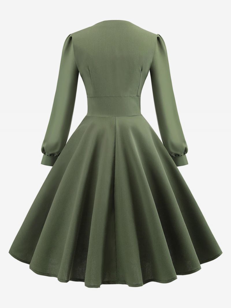 Vestido Feminino Vintage Dos Anos 1950. Estilo Audrey Hepburn Decote Em V Mangas Compridas Camadas Médio Swing - Verde Caçador