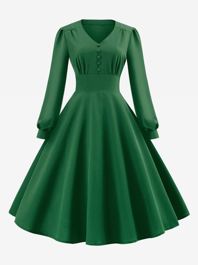 Vestido Feminino Vintage Dos Anos 1950. Estilo Audrey Hepburn Decote Em V Mangas Compridas Camadas Médio Swing - Verde Escuro