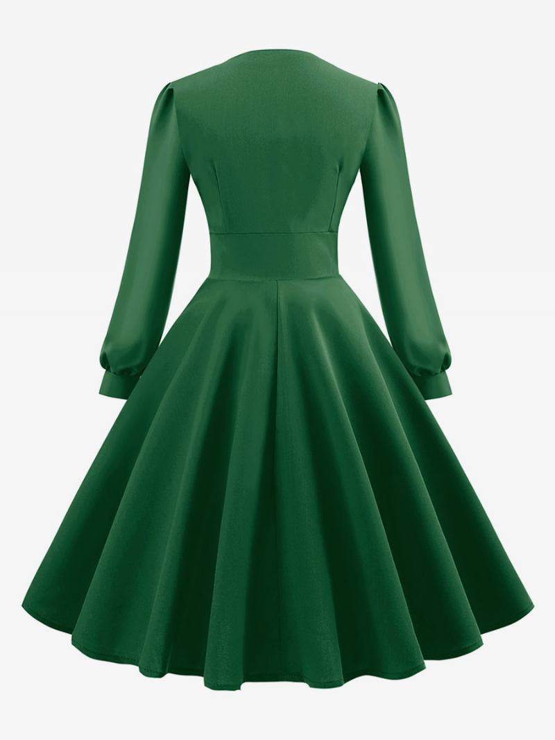 Vestido Feminino Vintage Dos Anos 1950. Estilo Audrey Hepburn Decote Em V Mangas Compridas Camadas Médio Swing - Verde Escuro