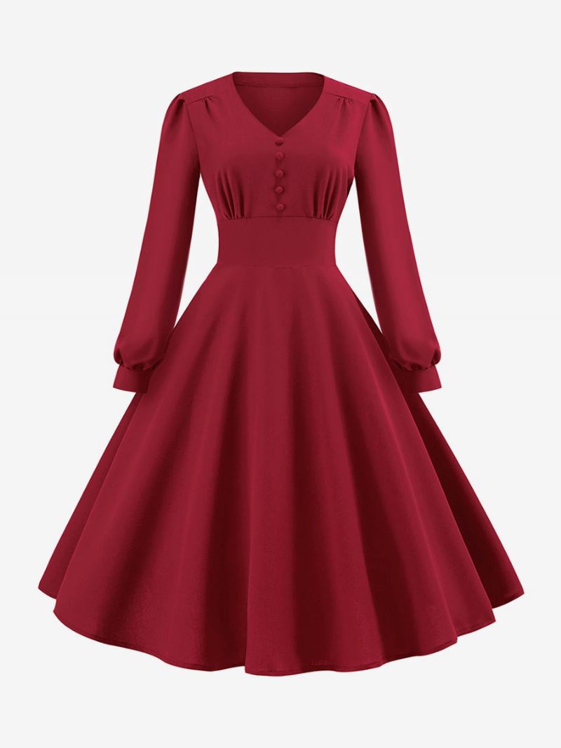 Vestido Feminino Vintage Dos Anos 1950. Estilo Audrey Hepburn Decote Em V Mangas Compridas Camadas Médio Swing - Vermelho