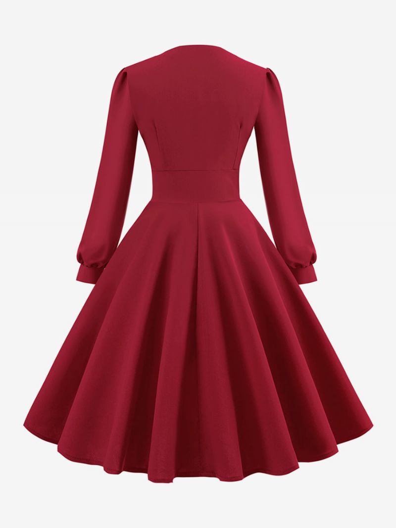 Vestido Feminino Vintage Dos Anos 1950. Estilo Audrey Hepburn Decote Em V Mangas Compridas Camadas Médio Swing - Vermelho