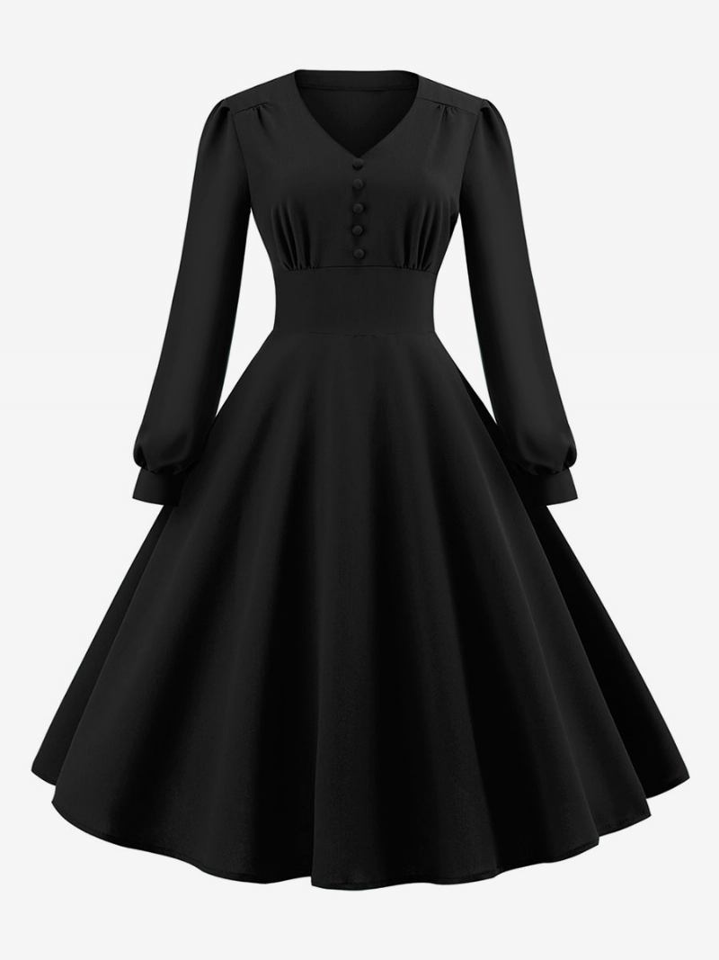 Vestido Feminino Vintage Dos Anos 1950. Estilo Audrey Hepburn Decote Em V Mangas Compridas Camadas Médio Swing - Preto