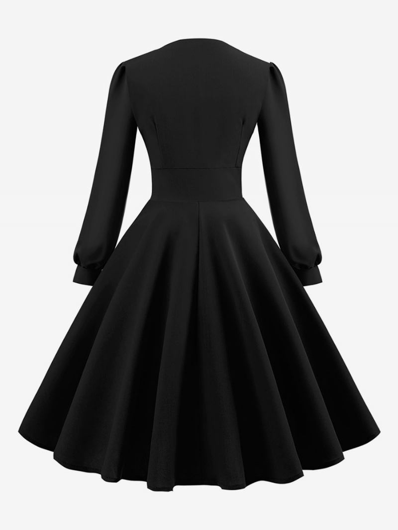 Vestido Feminino Vintage Dos Anos 1950. Estilo Audrey Hepburn Decote Em V Mangas Compridas Camadas Médio Swing - Preto