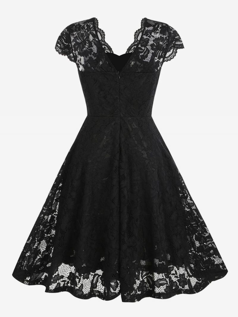 Vestido Feminino Vintage Dos Anos 1950. Estilo Audrey Hepburn Decote Em V Renda Sem Mangas Médio Swing - Preto