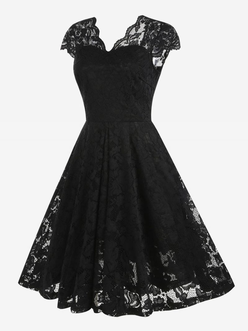 Vestido Feminino Vintage Dos Anos 1950. Estilo Audrey Hepburn Decote Em V Renda Sem Mangas Médio Swing - Preto