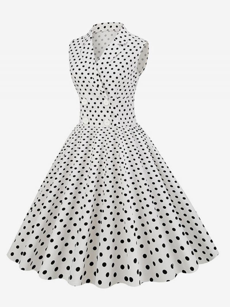 Vestido Feminino Vintage Dos Anos 1950. Estilo Audrey Hepburn Decote Em V Sem Mangas Bolinhas - Branco