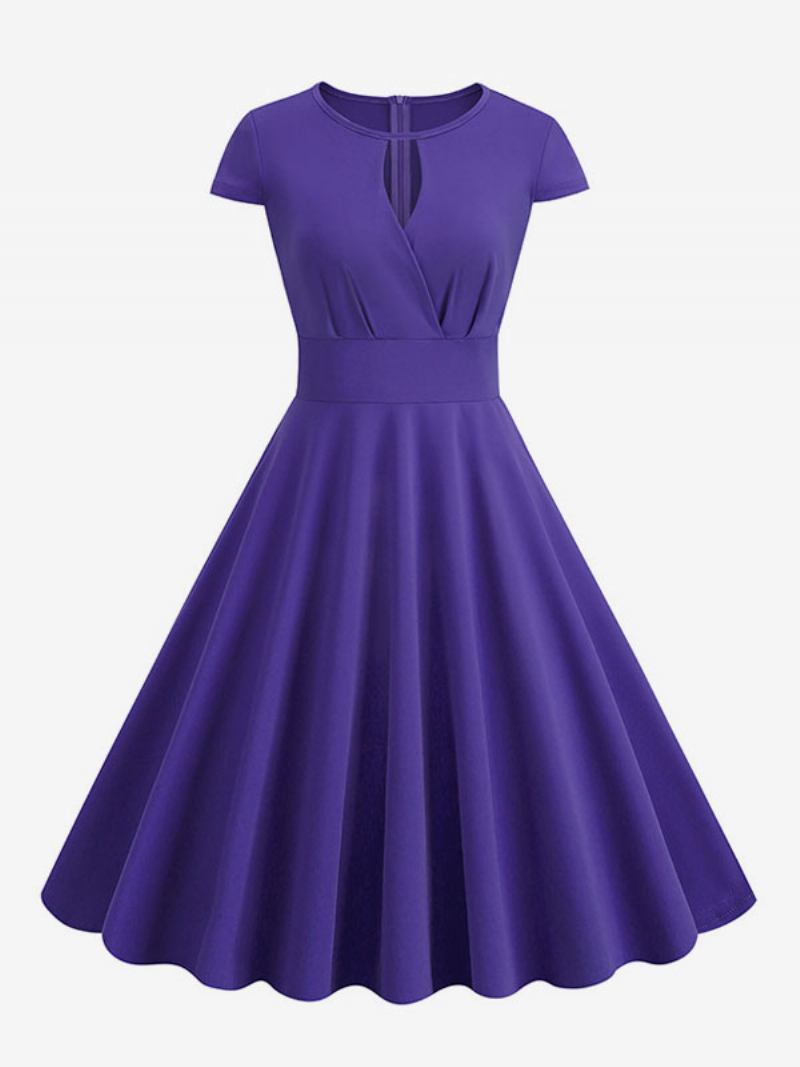 Vestido Feminino Vintage Dos Anos 1950. Estilo Audrey Hepburn Decote Joia Mangas Curtas Médio Swing - Roxo