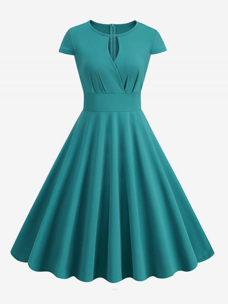 Vestido Feminino Vintage Dos Anos 1950. Estilo Audrey Hepburn Decote Joia Mangas Curtas Médio Swing - Verde Claro