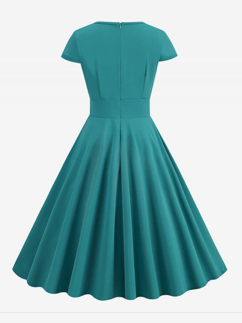 Vestido Feminino Vintage Dos Anos 1950. Estilo Audrey Hepburn Decote Joia Mangas Curtas Médio Swing - Verde Claro