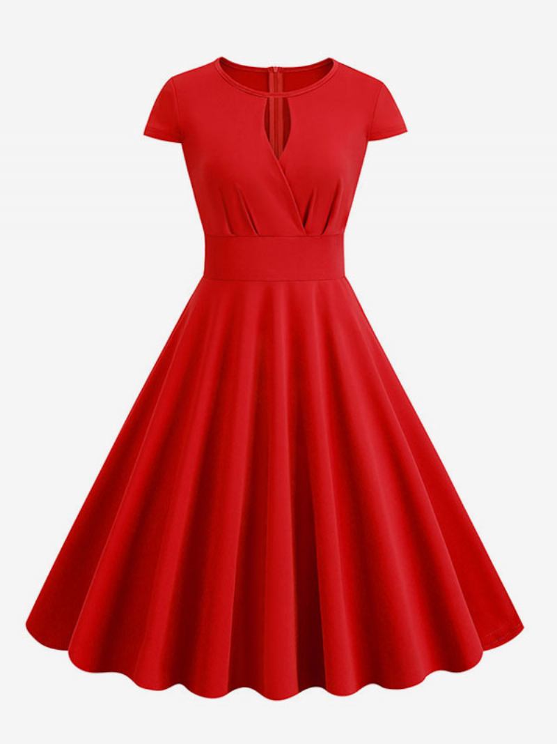 Vestido Feminino Vintage Dos Anos 1950. Estilo Audrey Hepburn Decote Joia Mangas Curtas Médio Swing - Vermelho