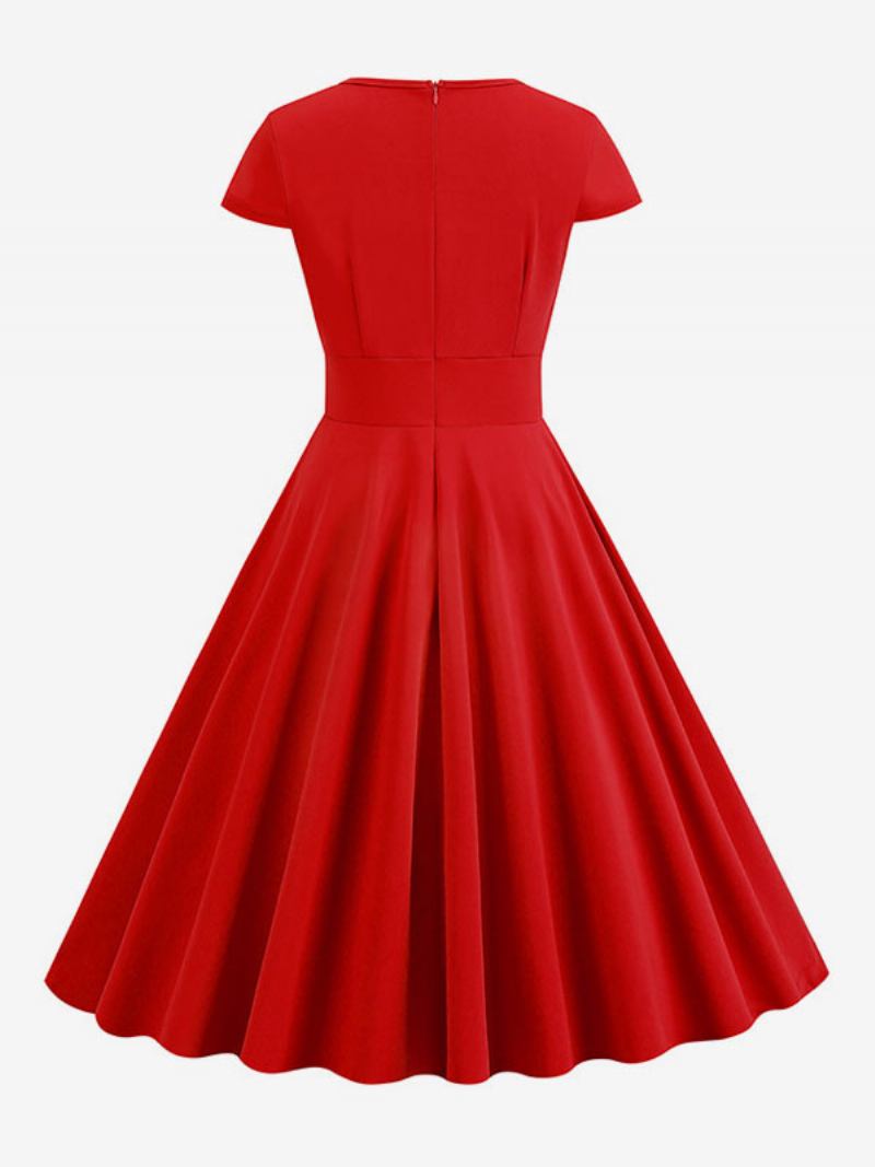 Vestido Feminino Vintage Dos Anos 1950. Estilo Audrey Hepburn Decote Joia Mangas Curtas Médio Swing - Vermelho